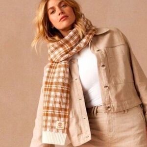 NWOT Timberland Knit Scarf Plaid Cream Tan Lagenlook Streetwear OS Unisex